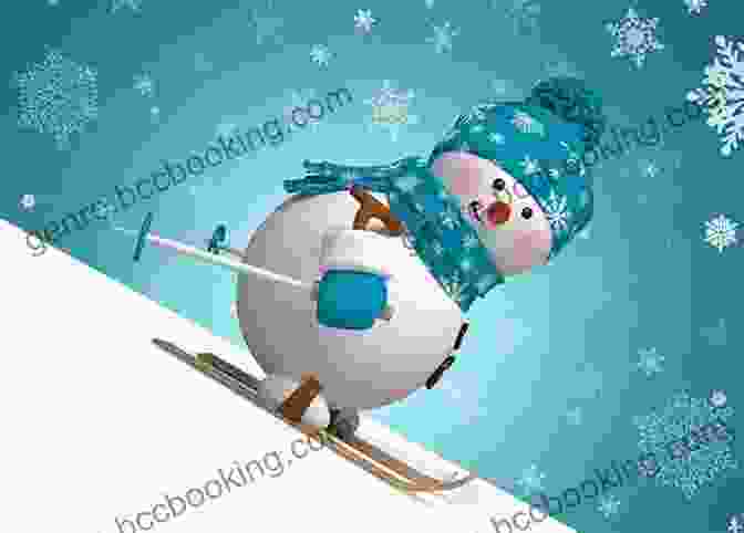 Snowman Paul And His Friends Skiing Through A Snowy Forest. Snowman Paul At The Winter Olympics